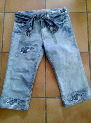 pantacourt, jean, recyclage,upcycling jean, création textile,wax